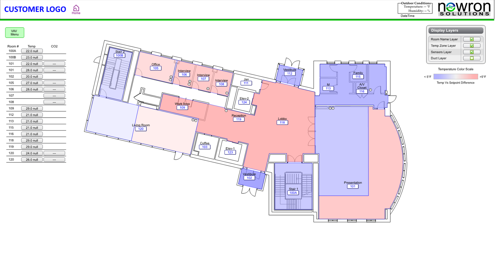 Floor plan thermal zoning with VAV and temperature indicators